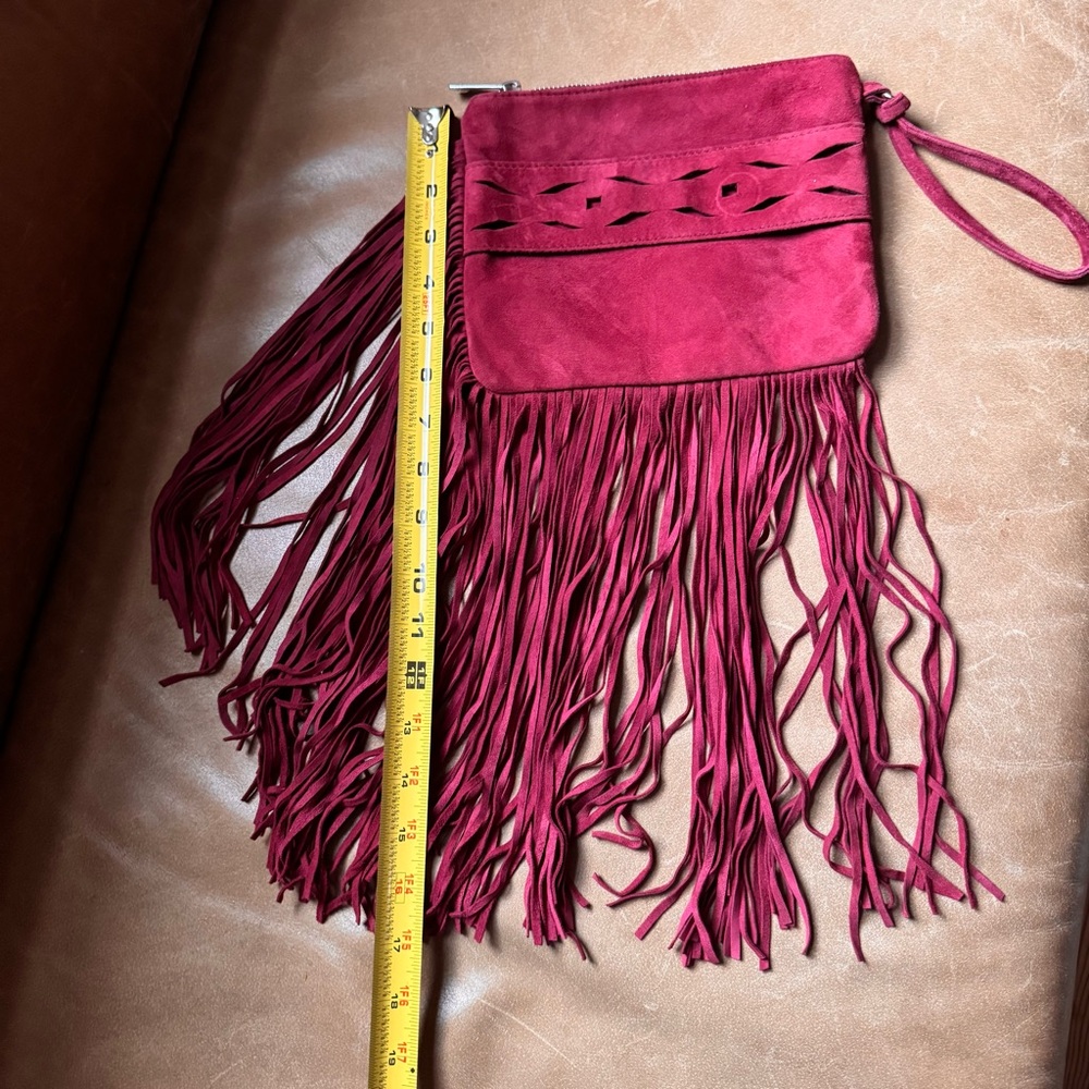 Pinko Fringe Suede Wristlet Clutch Red cutout tassel texture designer Italy - Picture 5 of 11